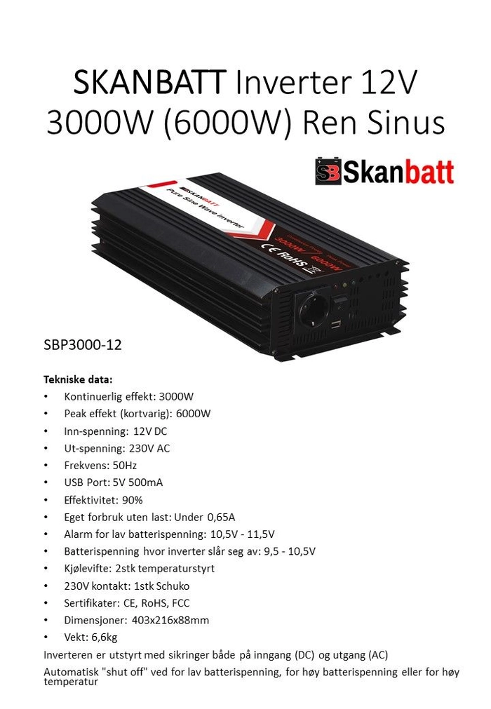 Skanbatt SBP3000-12 3000W ren sinus-inverter med trådløs fjernkontroll