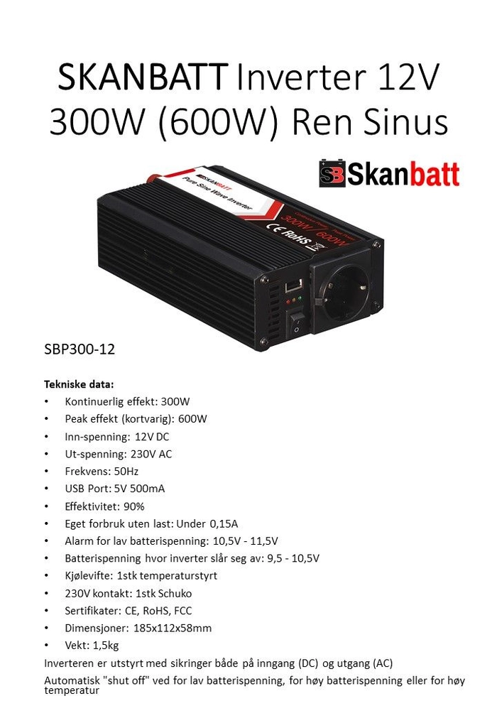 Skanbatt SBP300-12 300W ren sinus-inverter