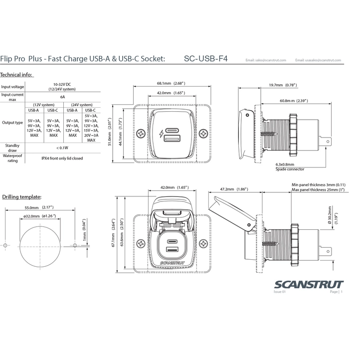 Scanstrut SC-USB-F4 Flip Pro, ultra-rask USB-A og USB-C kontakt. 12/24V