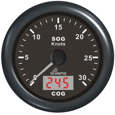 WEMA GPS speedometer med kompass, 0-30 knop, sort bunn og ring i sølv.