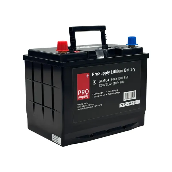 ProSupply Lithium LiFePO4 12V batteri 80Ah (75-kasse) 100A BMS