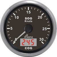 WEMA GPS speedometer med kompass, 0-60 knop, sort bunn og ring i sølv.