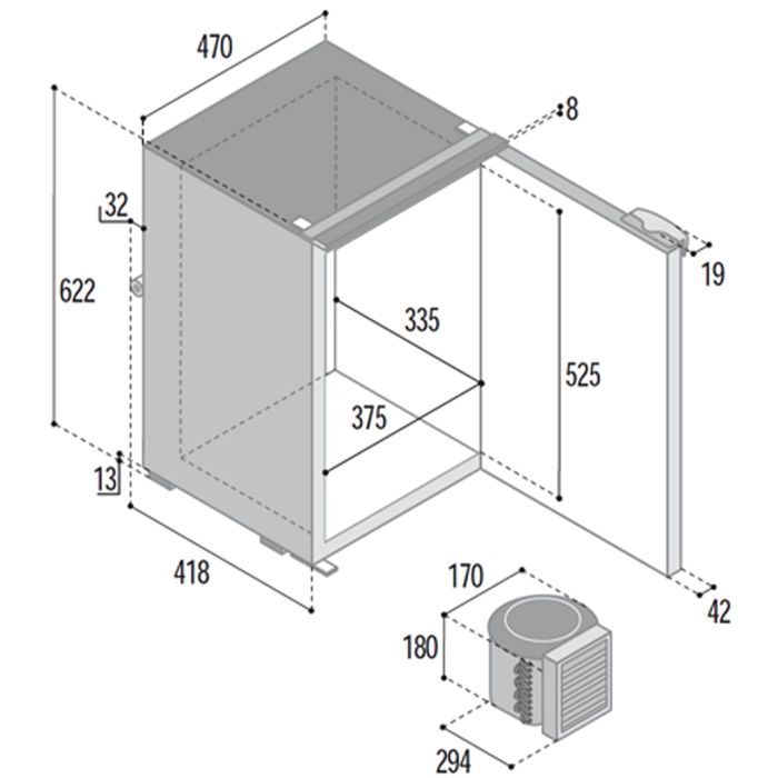 Vitrifrigo C75L 75-liter kjøleskap, lys grå front, 12/24V, Airlock, uten ramme