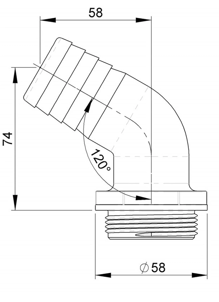 Trudesign 120° slangekobling til 3-veis ventil 1 1/2" (38mm)
