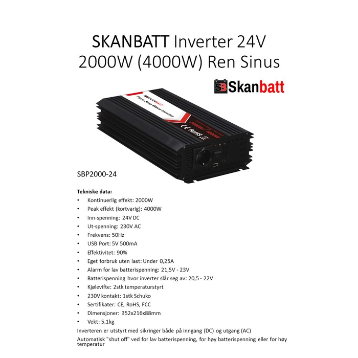 Skanbatt SBP2000-24 2000W ren sinus-inverter med trådløs fjernkontroll