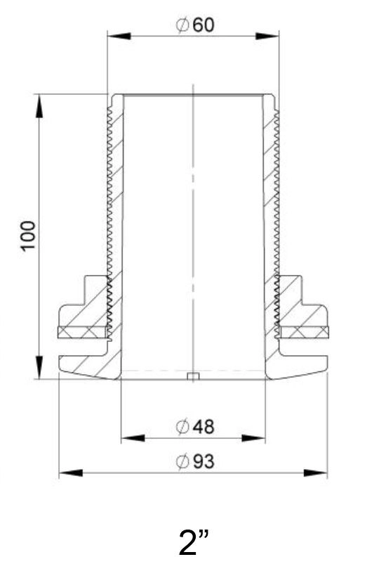Trudesign 2" (50 mm) utenpåliggende skroggjennomføring i kompositt