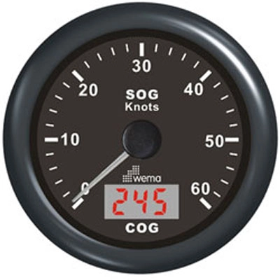 WEMA GPS speedometer med kompass, 0-30 knop, sort bunn og ring i sølv.