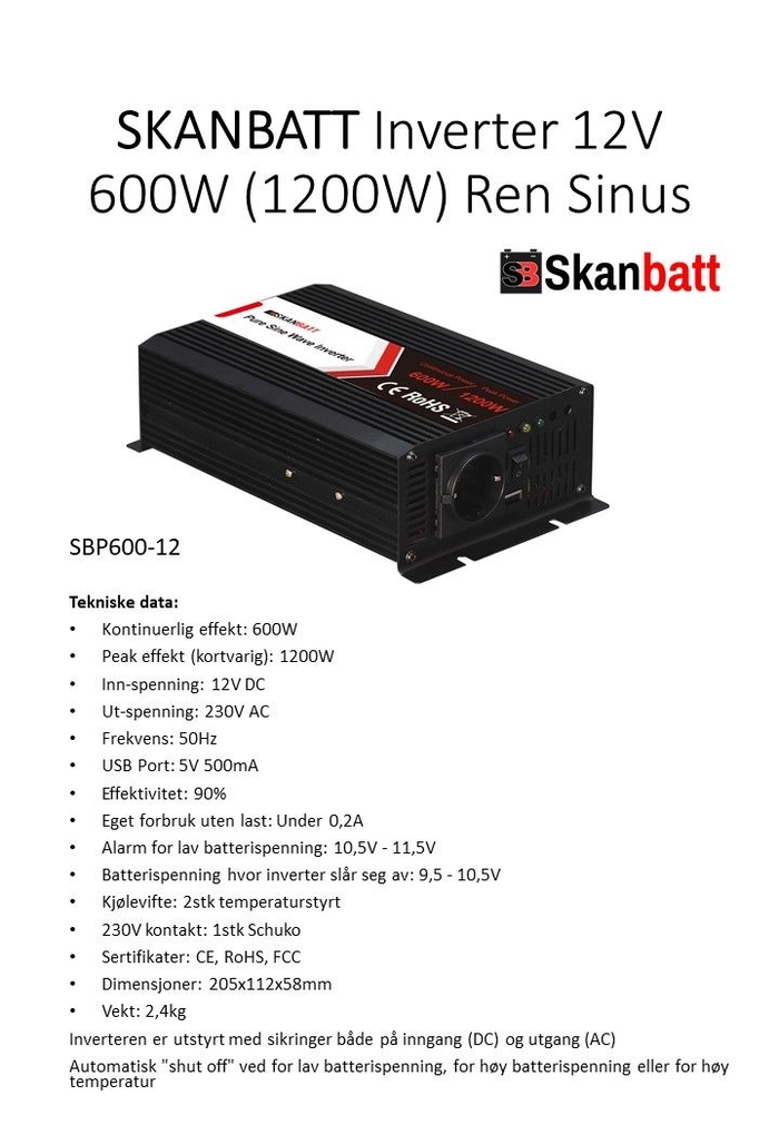 Skanbatt SBP600-12 600W ren sinus-inverter