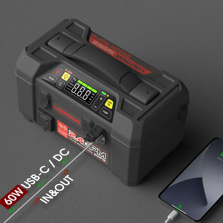 Lokithor AW401 Lithium Startbooster 12V 2500A-150 PSI Luftkompressor-1.5 MPA høytrykkspyler