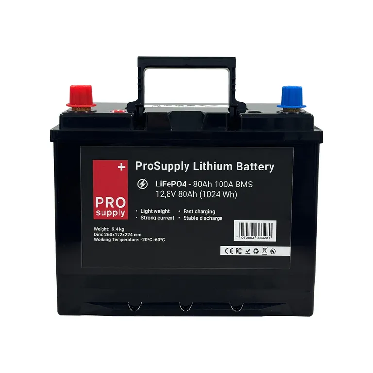 ProSupply Lithium LiFePO4 12V batteri 80Ah (75-kasse) 100A BMS