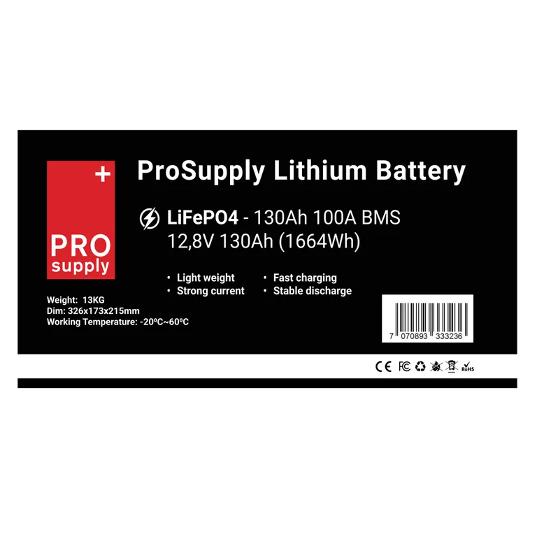 ProSupply Lithium LiFePO4 12V batteri 130Ah (100-kasse) 100A BMS