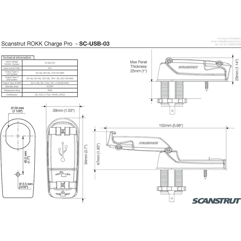 Scanstrut ROKK Charge Pro Sprutsikker USB-kontakt flat
