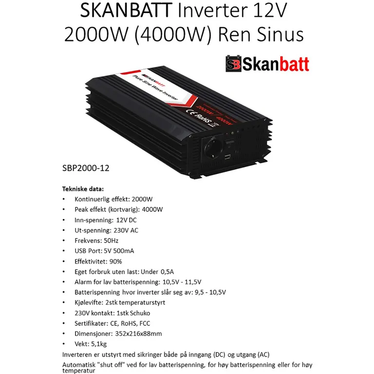 Skanbatt SBP2000-12 2000W ren sinus-inverter med trådløs fjernkontroll