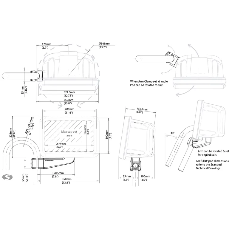 Scanstrut SPR-8-AM armmontert pod for kartplottere og instrumenter