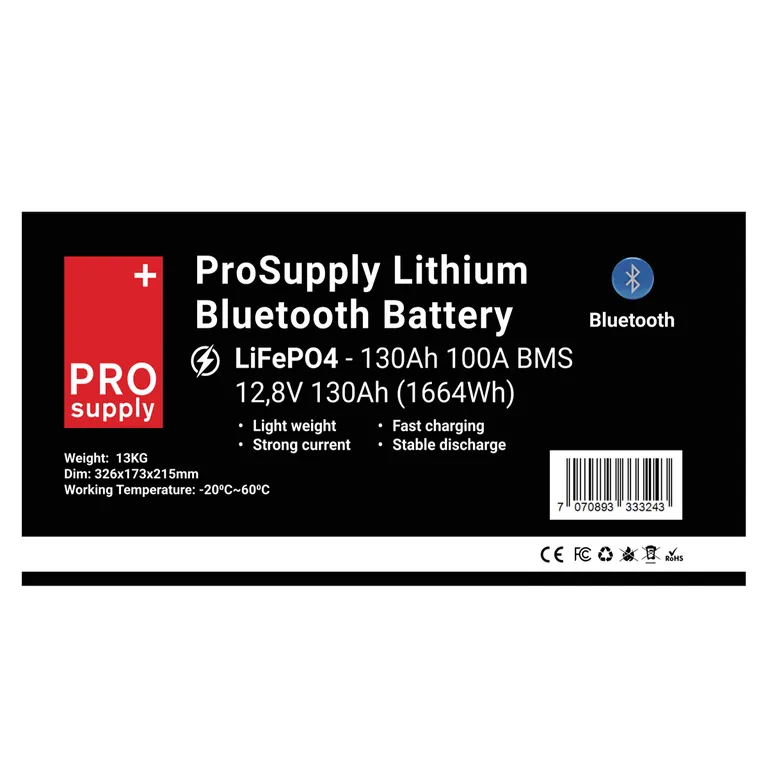 ProSupply Lithium Bluetooth LiFePO4 12V batteri 130Ah (100-kasse) 100A BMS