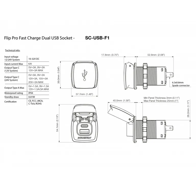 Scanstrut SC-USB-F1 Flip Pro, USB-A og USB-C kontakt. 12/24V