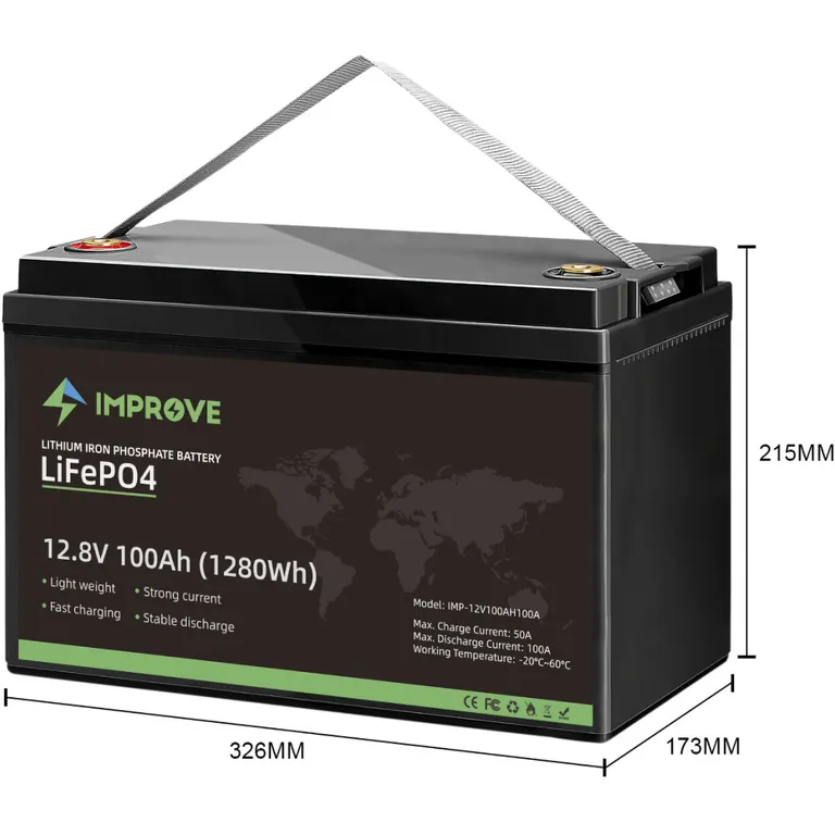 Improve Lithium 12V LiFePO4 batteri 100Ah med 100A BMS, M8