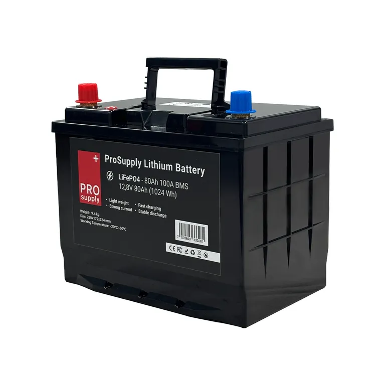 ProSupply Lithium LiFePO4 12V batteri 80Ah (75-kasse) 100A BMS