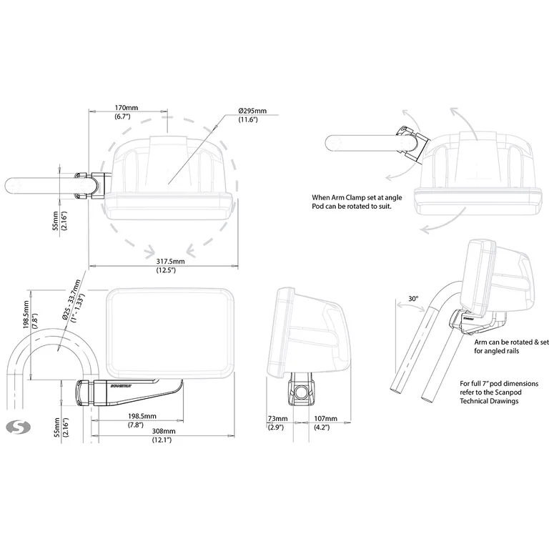 Scanstrut armmontert pod for opp til 7" kartplottere