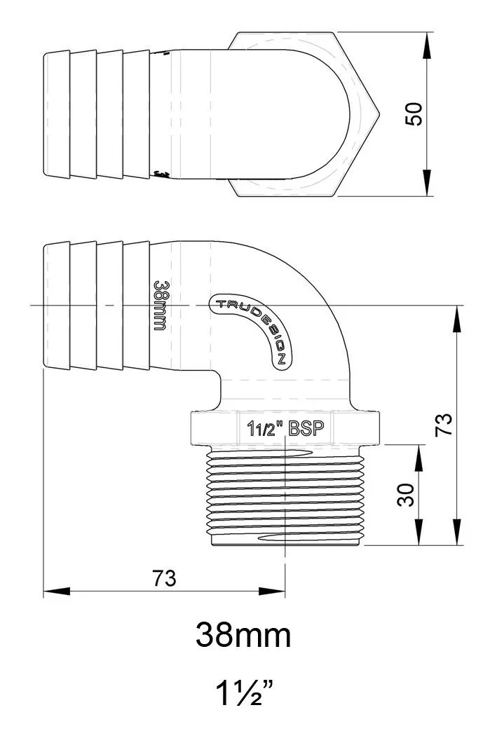 Trudesign 90 grader slangetilkobling hann 1 1/2" (38mm utv.)