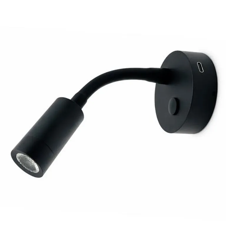 Nautilight Aries Short LED vegglampe med flexarm, USB-C uttakak. 2W, 12/24V, Sort 