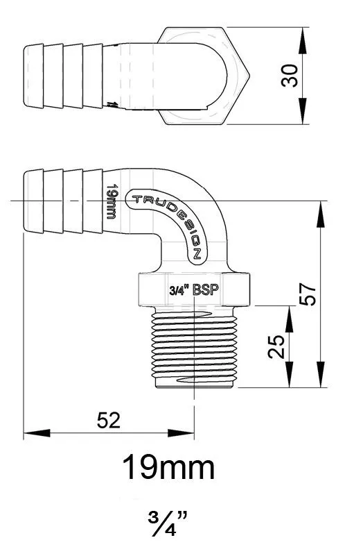 Trudesign 90 grader slangetilkobling hann 3/4" (19mm utv.)