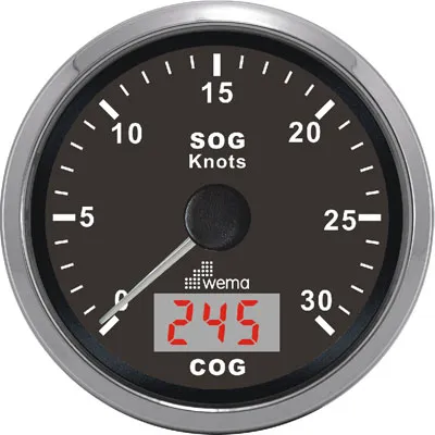 WEMA GPS speedometer med kompass, 0-30 knop, sort bunn og ring i sølv.