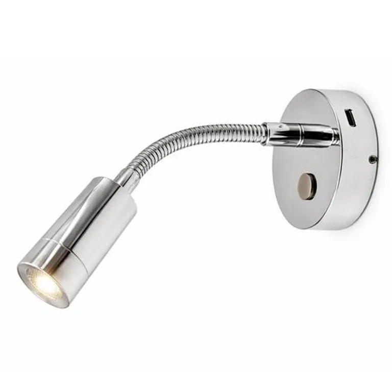 Nautilight Aries Short LED vegglampe med flexarm, USB-C uttakak. 2W, 12/24V, Krom