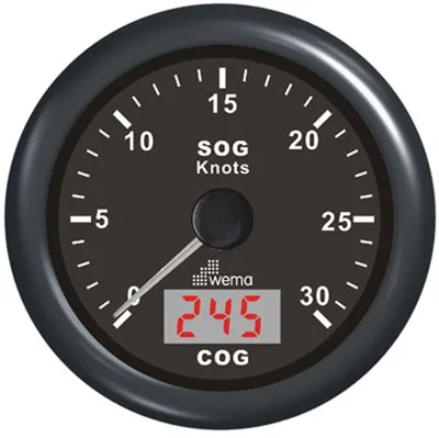 WEMA GPS speedometer med kompass, 0-60 knop, sort bunn og ring i sølv.