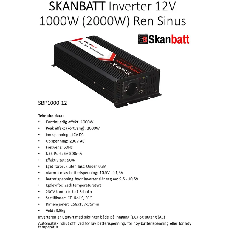 Skanbatt SBP1000-12 1000W ren sinus-inverter med trådløs fjernkontroll