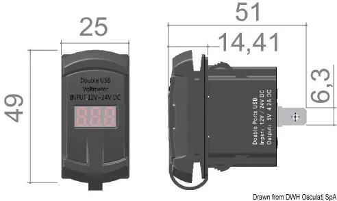 Osculati voltmeter og dobbelt USB-strømuttak 2x2,1A