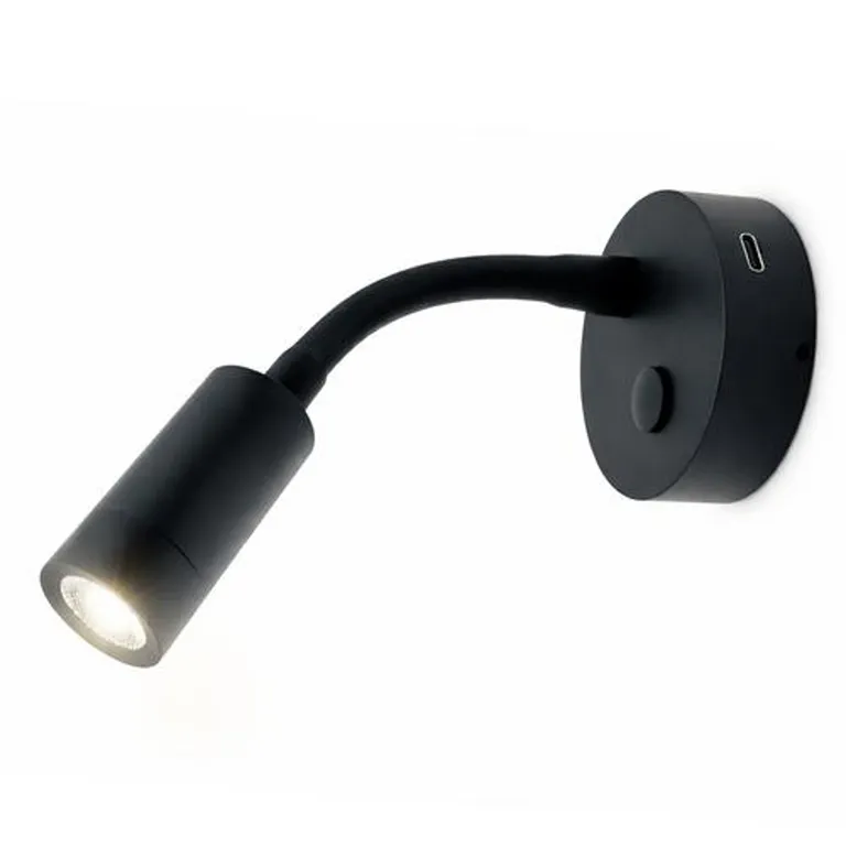 Nautilight Aries Short LED vegglampe med flexarm, USB-C uttakak. 2W, 12/24V, Sort 