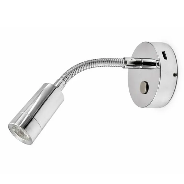 Nautilight Aries Short LED vegglampe med flexarm, USB-C uttakak. 2W, 12/24V, Krom