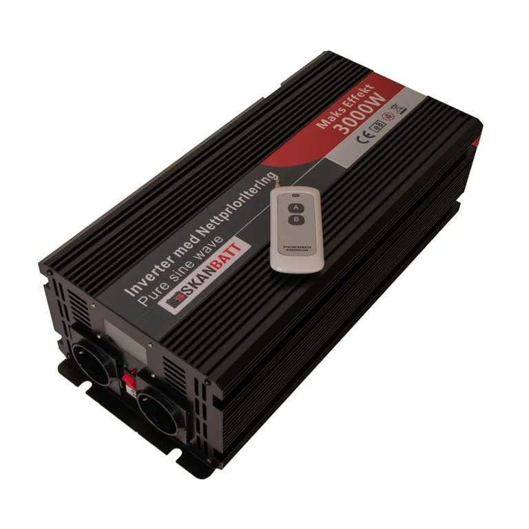 Skanbatt Inverter 12V 3000W Ren sinus, nettprioritering, trådløs fjernkontroll