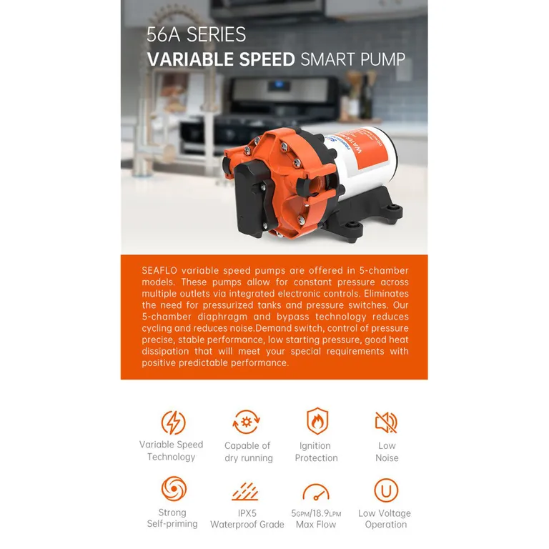 Seaflo Trykkvannspumpe Variabel Speed 12V 70psi 18,9 l/min