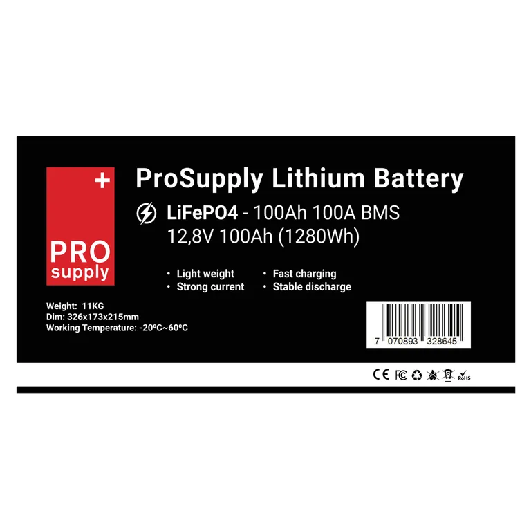 ProSupply Lithium LiFePO4 12V batteri 100Ah 100A BMS