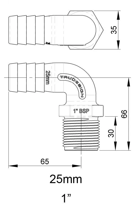 Trudesign 90 grader slangetilkobling hann 1" (25mm utv.)