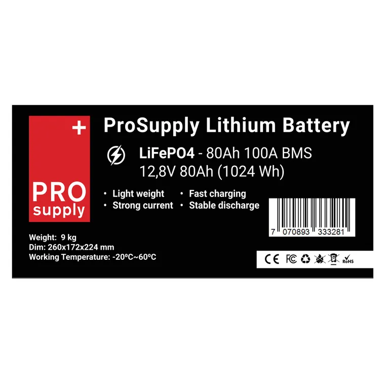 ProSupply Lithium LiFePO4 12V batteri 80Ah (75-kasse) 100A BMS