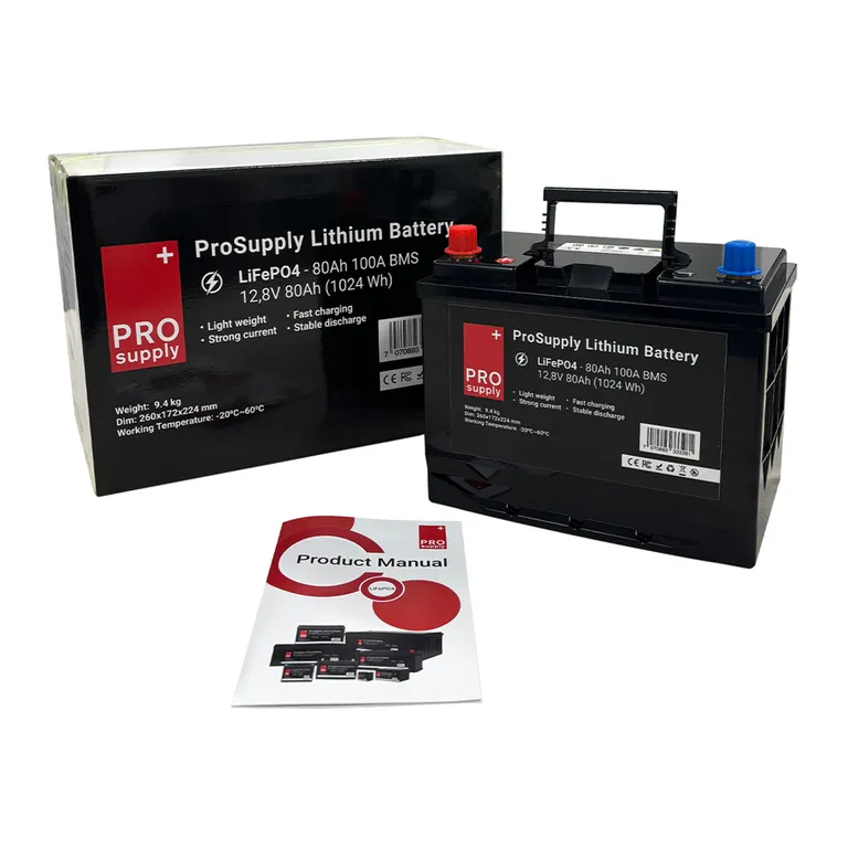 ProSupply Lithium LiFePO4 12V batteri 80Ah (75-kasse) 100A BMS