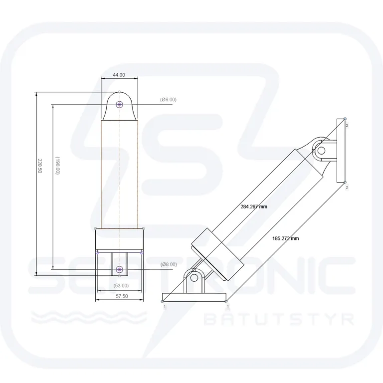 Instatrim hydraulisk sylinder med 2m Slange