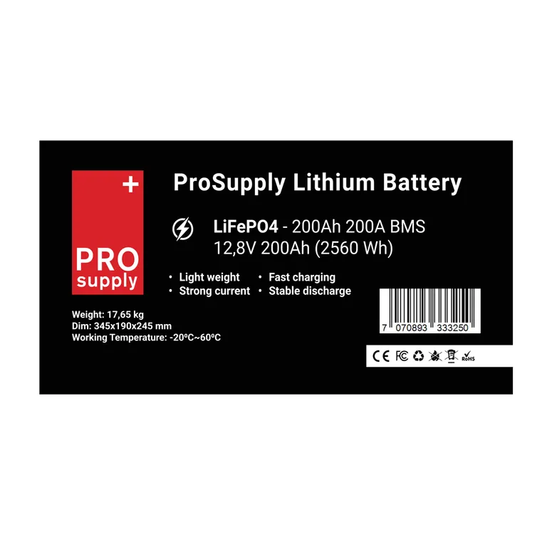 ProSupply Lithium LiFePO4 12V batteri 200Ah 200A BMS