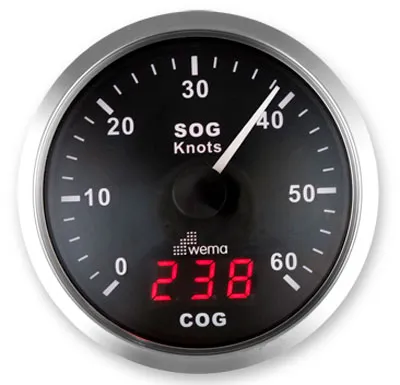 WEMA GPS speedometer med kompass, 0-60 knop, sort bunn og ring i sølv.